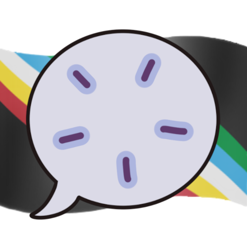 a speech bubble with small lines arranged into a circle pointing outward. behind the speech bubble is a waving disability pride flag.